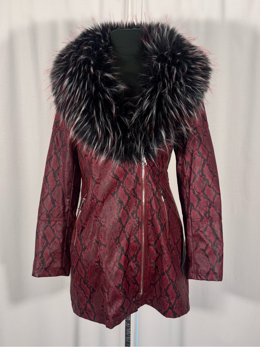 P. Luca Milano Red Snakeskin Faux Fur Collar Coat
